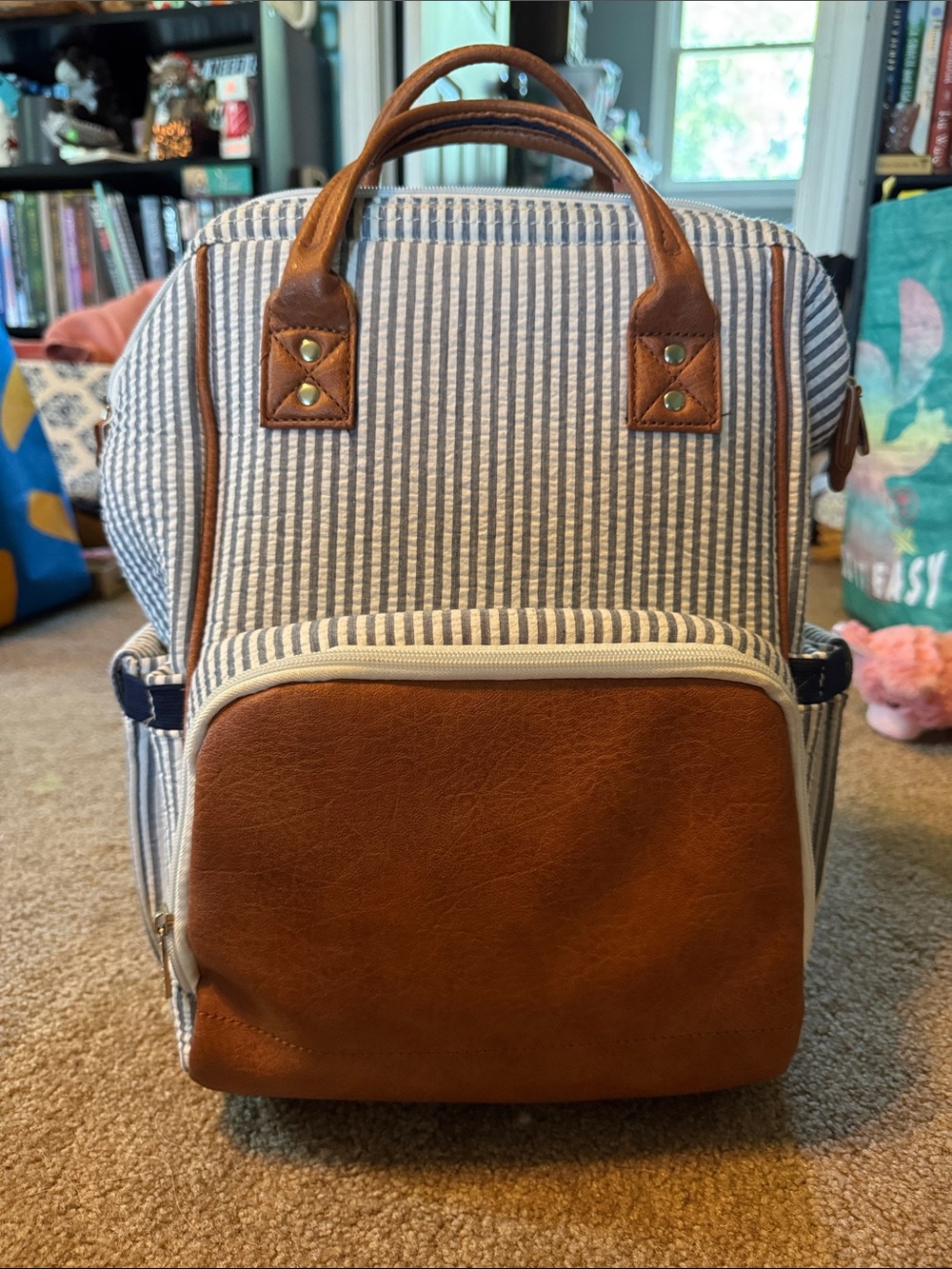 Striped Canvas and Tan Faux-Leather diaper Backpack